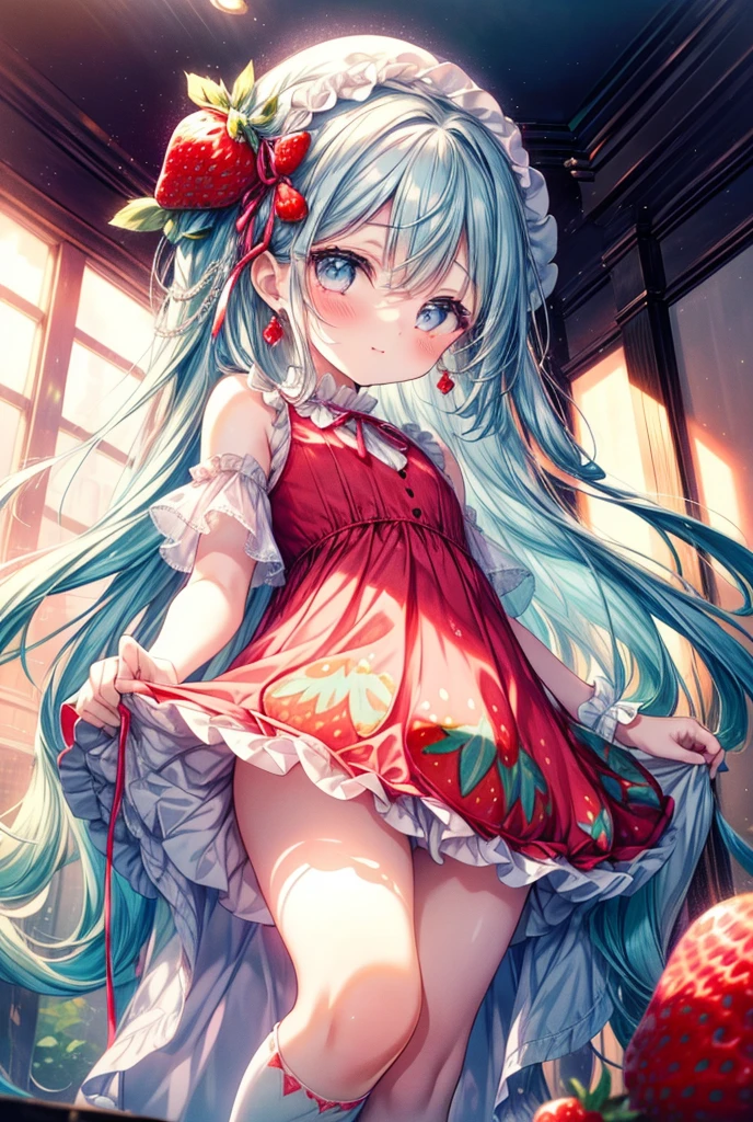 masterpiece, best quality, extremely detailed, (illustration, official art:1.1), 1 girl ,(((( light blue long hair)))), ,(((( light blue long hair)))),light blue hair, ,,loli, long h((blush)) , cute face, big eyes, masterpiece, best quality,(((((a very delicate and beautiful girl))))),Amazing,beautiful detailed eyes,blunt bangs((((little delicate girl)))),tareme(true beautiful:1.2), sense of depth,dynamic angle,,,, affectionate smile, (true beautiful:1.2),,(tiny 1girl model:1.2),)(flat chest),(pastel-red theme:1.3), ((Strawberry Gothic Dress with Strawberry pattern:1.4)), (Strawberry ornament:1.3), (red big ribbon:1.3), (Strawberry earrings:1.2), (white Knee High Socks:1.3),(smile:1.2),(cute pose:1.3),(Eye size:1.5),(high resolution:1.5),(Vibrant color:1.4),(close up of face),(Goth style:1.25),(perspective from below:1.3),(((Strawberry Background)))