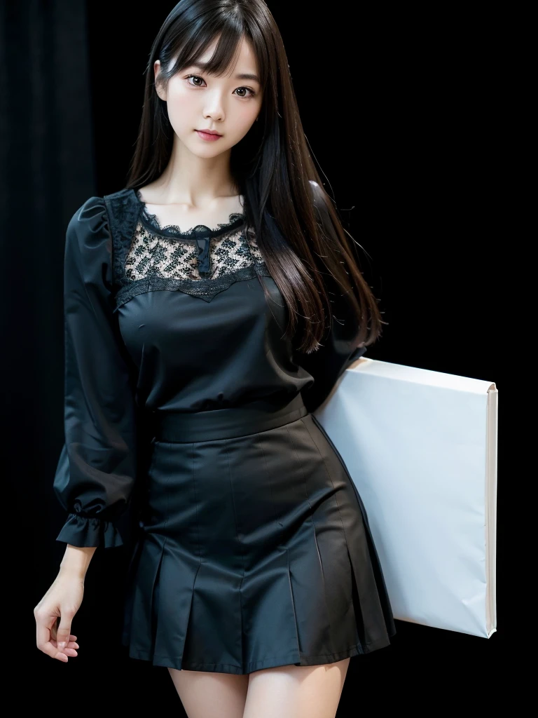 Black Skirt、Blouse with lace、(Highest quality)、((Very detailed))、4K、(8K)、masterpiece、Very detailedな、Highest quality、Super Resolution、1 person、Kind Face、Soft Light、RAW quality、Soft Skin、163cm、White Room