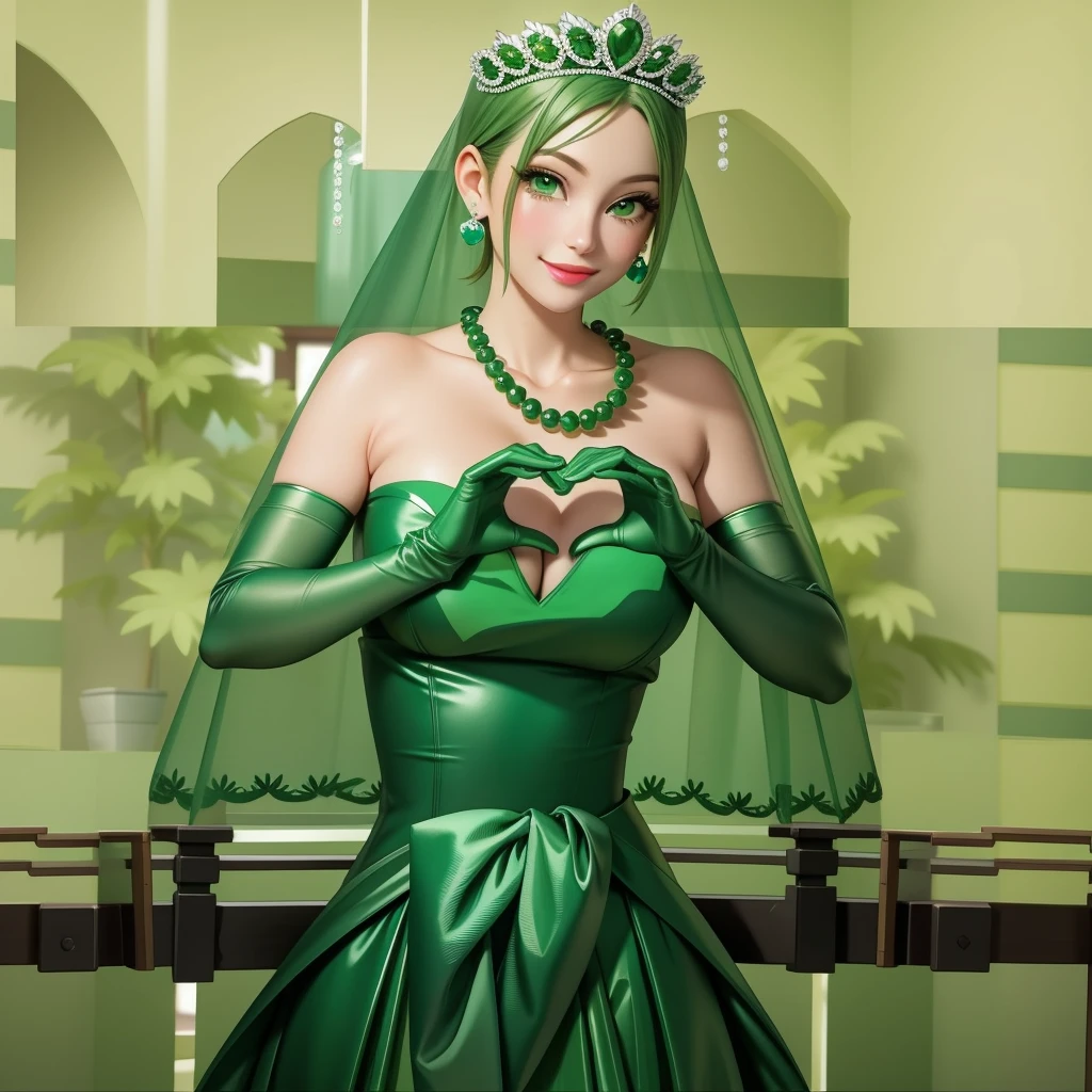 Emerald tiara, Green Pearl Necklace, ボーイッシュな非常に短いGreen Hair, Green Lips, Smiling Japanese woman, Very short hair, Busty beautiful lady, Green Eyes, Green satin long gloves, Green Eyes, Emerald Earrings, Green veil, Heart with both hands, Green Hair, Beautiful Japanese Woman, Heart shaped hands:1.3, green lip gloss