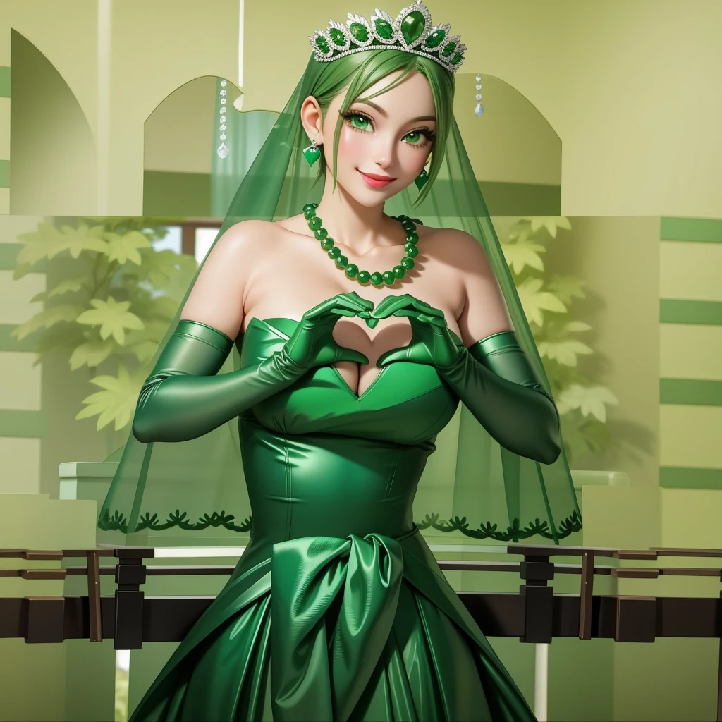 Emerald tiara, Green Pearl Necklace, ボーイッシュな非常に短いGreen Hair, Green Lips, Smiling Japanese woman, Very short hair, Busty beautiful lady, Green Eyes, Green satin long gloves, Green Eyes, Emerald Earrings, Green veil, Heart with both hands, Green Hair, Beautiful Japanese Woman, Heart shaped hands:1.3, green lip gloss