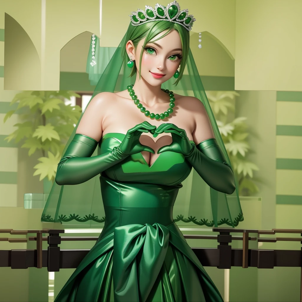 Emerald tiara, Green Pearl Necklace, ボーイッシュな非常に短いGreen Hair, Green Lips, Smiling Japanese woman, Very short hair, Busty beautiful lady, Green Eyes, Green satin long gloves, Green Eyes, Emerald Earrings, Green veil, Heart with both hands, Green Hair, Beautiful Japanese Woman, Heart shaped hands:1.3, green lip gloss