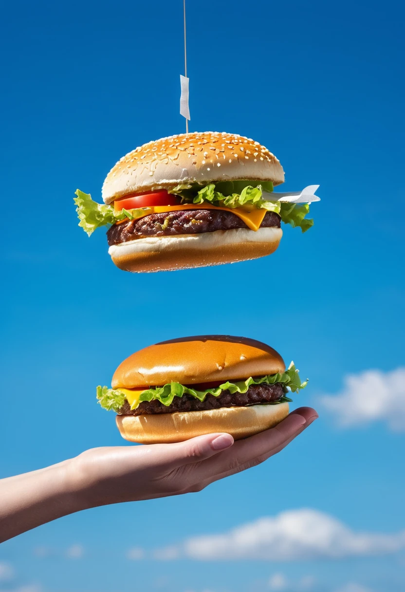 macro photography, 1 hand holding a burger flying in the blue sky, aesthetic product photography, natural light, super details, high quality, High-definition, product commercial photography, clear, Fuji camera telephoto lens