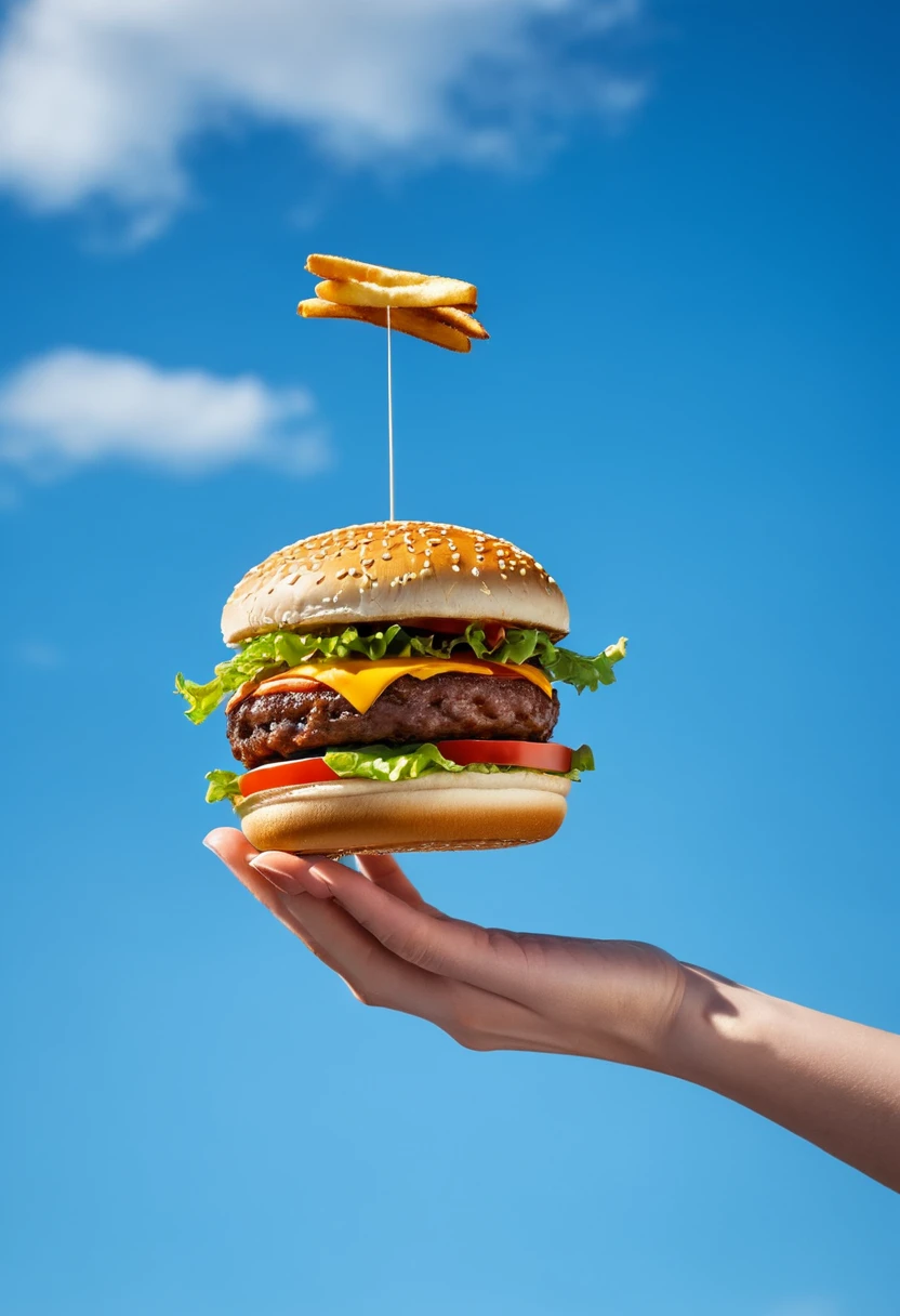 macro photography, 1 hand holding a burger flying in the blue sky, aesthetic product photography, natural light, super details, high quality, High-definition, product commercial photography, clear, Fuji camera telephoto lens