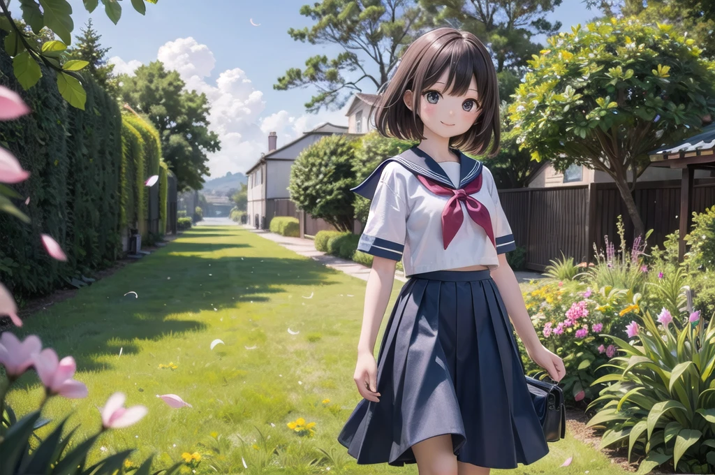 (masterpiece), town, blue sky, One Girl, smile, alone, Sailor suit、Long skirt, Overgrown, petal, plant、Skirt lining、Translucent slip、Nostalgic、Strong winds、Skirt fluttering in the wind