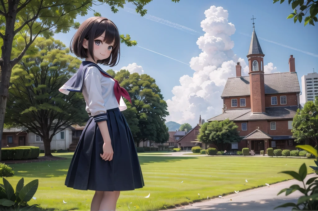 (masterpiece),  town,  blue sky,  One Girl,  smile,  alone,  Sailor suit、Long skirt,  Overgrown,  petal,  plant、Skirt lining、Translucent slip、Nostalgic、Strong winds、Skirt fluttering in the wind