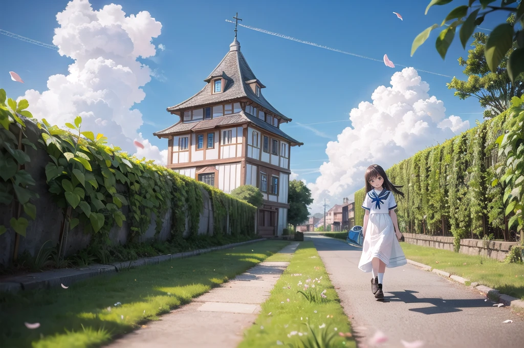 (masterpiece),  town,  blue sky,  One Girl,  smile,  alone,  Sailor suit、Long skirt,  Overgrown,  petal,  plant、Skirt lining、Translucent slip、Nostalgic、Strong winds、Skirt fluttering in the wind