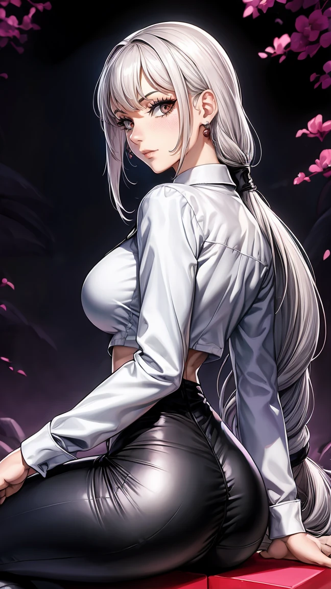(bright red eyes) beautiful, beautiful mujer, perfect anatomy, perfect body, whole body, big breasts, choker: 1.6, captivating look, slight smile, realism, from behind, facial focus, (looking ahead: 1.2) Masterpiece , Rough skin, super detailed, high detail, high quality, 最high quality, 1080P, 16k, realist, 1 girl, (silver hair: 1.6, Waist length hair), crop top, shiny black leggings, Chapped lips, blush, evening , sollight, (white long sleeve collared shirt: 1.4), (shiny black boots), shy, path, dark forest, de evening