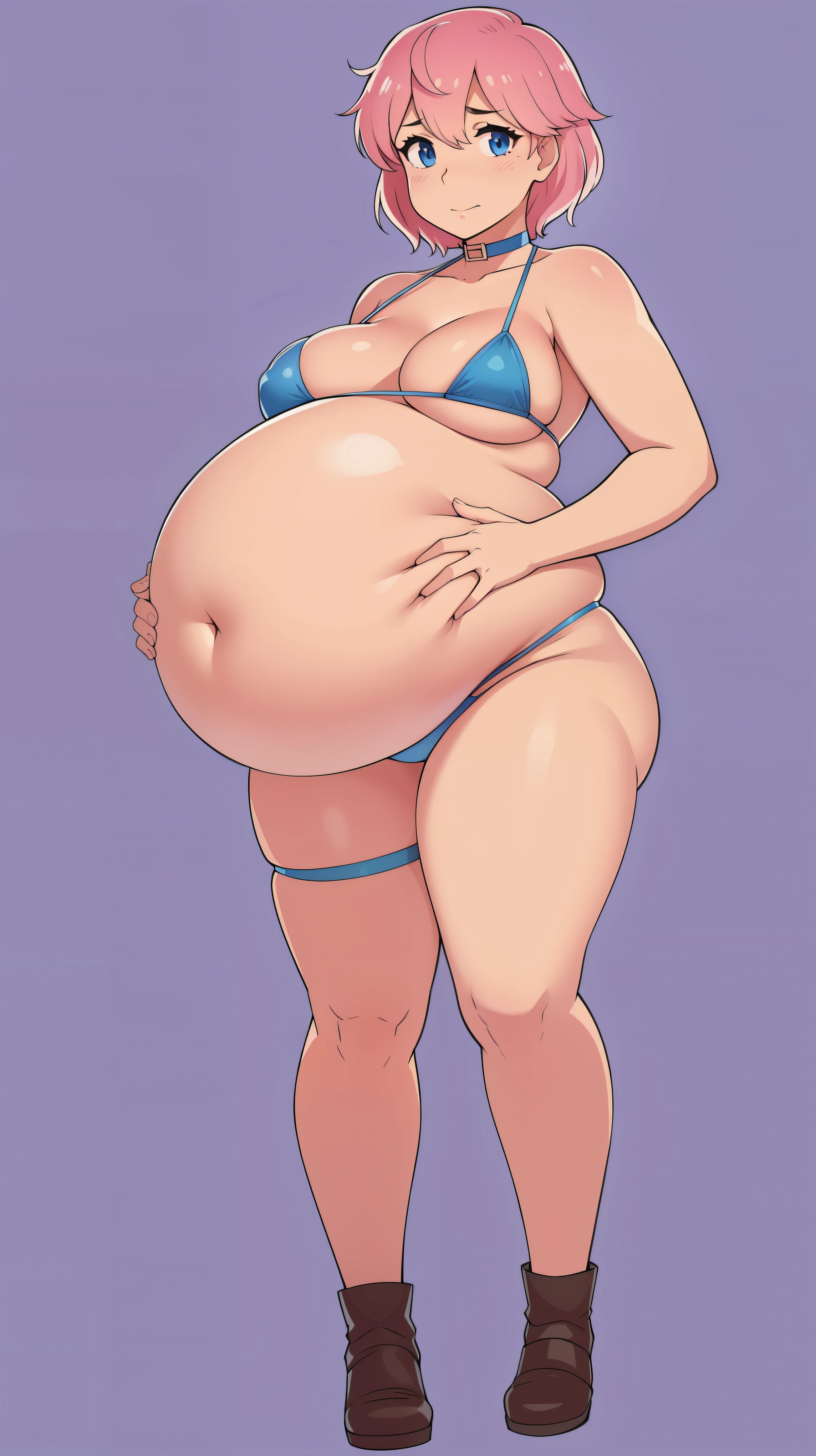 (Massive pregnant belly:1.2)(Slingshot bikini:1.1)sad, farm backround, Full body, looking at viewer, 1girl, solo, short pink hair, (dark blue choker),