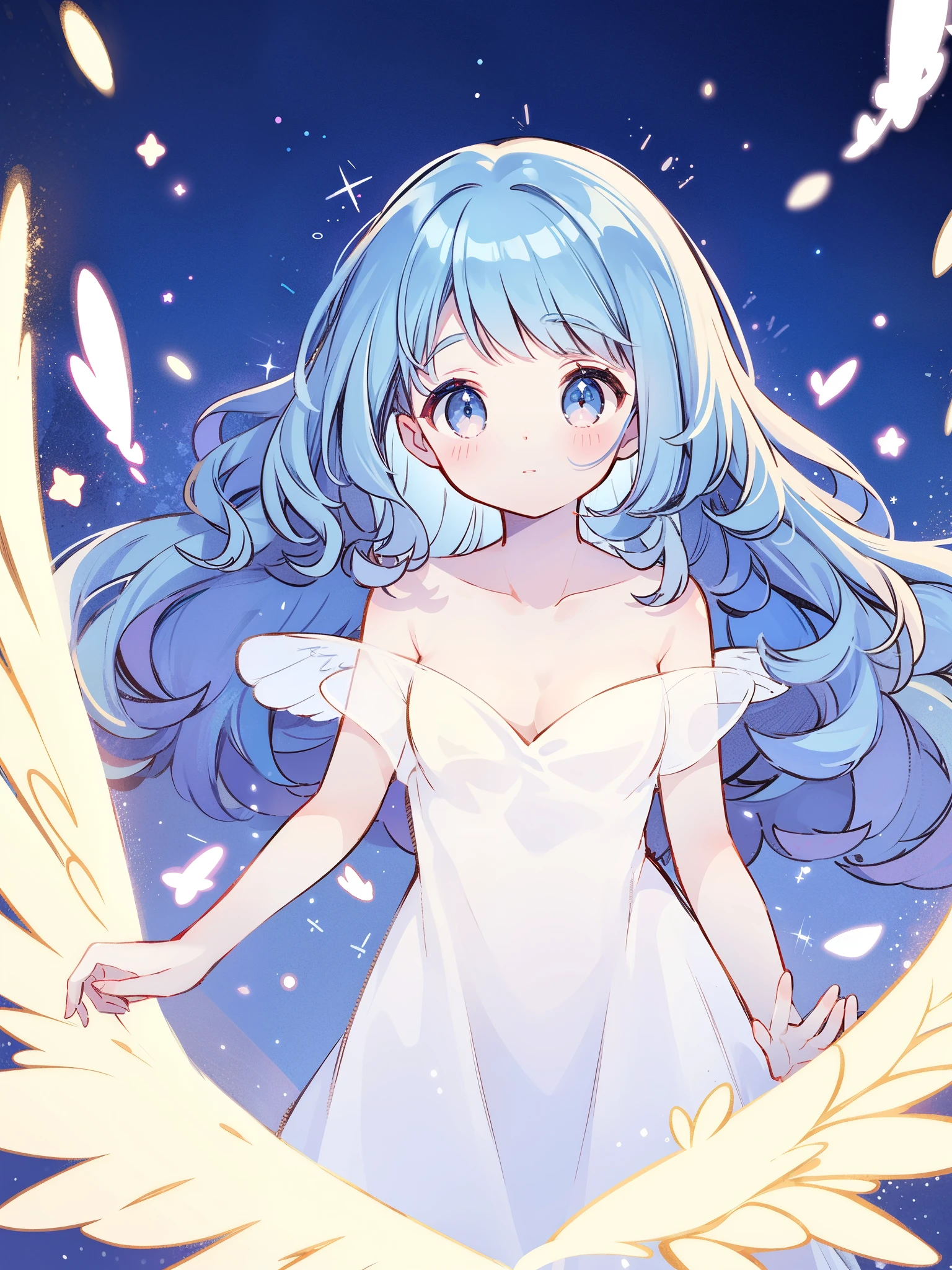 nude angel girl wearing an ethereal translucent dress, pale skin, ((blue mint wavy hair)), white feathers, angel wings, sparkling detailed eyes, golden ratio face, perfect composition, highly detailed, ethereal, (starry night sky background), midjourney style