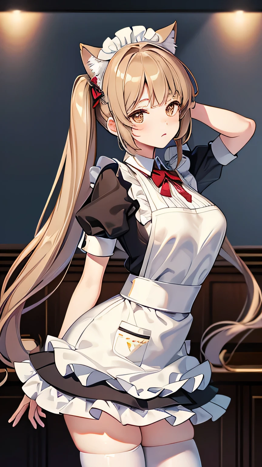 beautiful face, best quality, shiny skin, detailed skin, detailed face, detailed eyes, beautiful lady, light brown hair, low twintails, maid headdress, cat ears, Pop art, best quality, highres, masterpiece, super detail, 8k, Maid working in the palace, maid uniform, Ruffled Apron, from side, Twist your waist and create an S-shaped body line