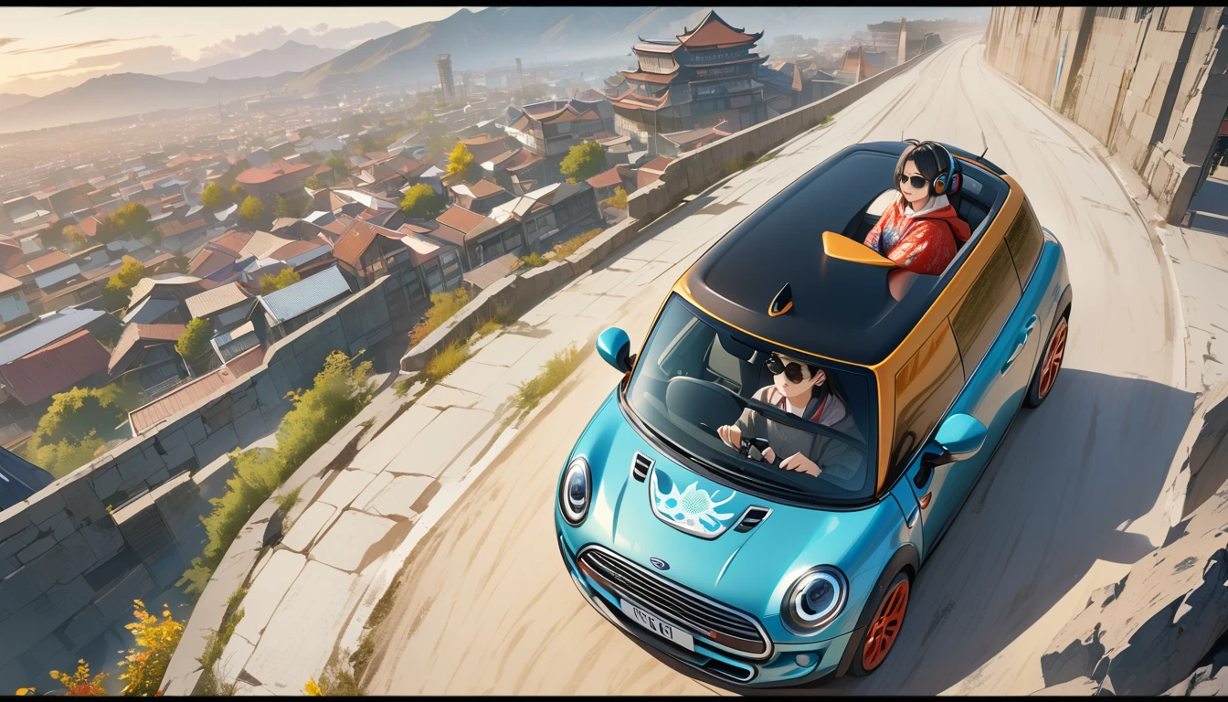 ((8k of extremely detailed CG unit, Masterpiece, high resolution, highest quality, highest quality real texture skin)), (wearing Japanese pattern headphones), ((1 girl)), (((Driving a Mini Cooper))), (((sunglasses))), (Japanese pattern hoodie, Japanese-style shorts), (Black hair, messy hair, beige skin), (surreal, digital painting)