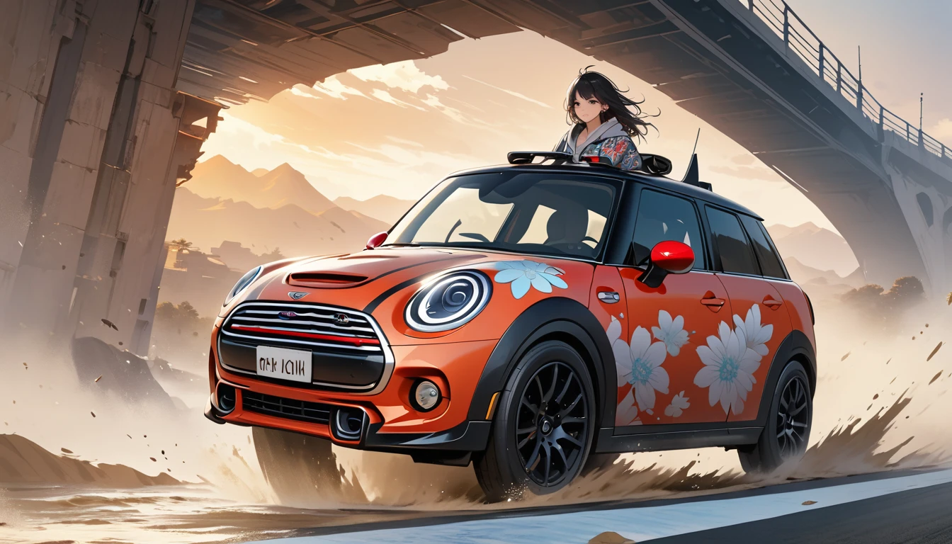 ((8k of extremely detailed CG unit, Masterpiece, high resolution, highest quality, highest quality real texture skin)), (wearing Japanese pattern headphones), ((1 girl)), (((Driving a Mini Cooper))), (((sunglasses))), (Japanese pattern hoodie, Japanese-style shorts), (Black hair, messy hair, beige skin), (surreal, digital painting)