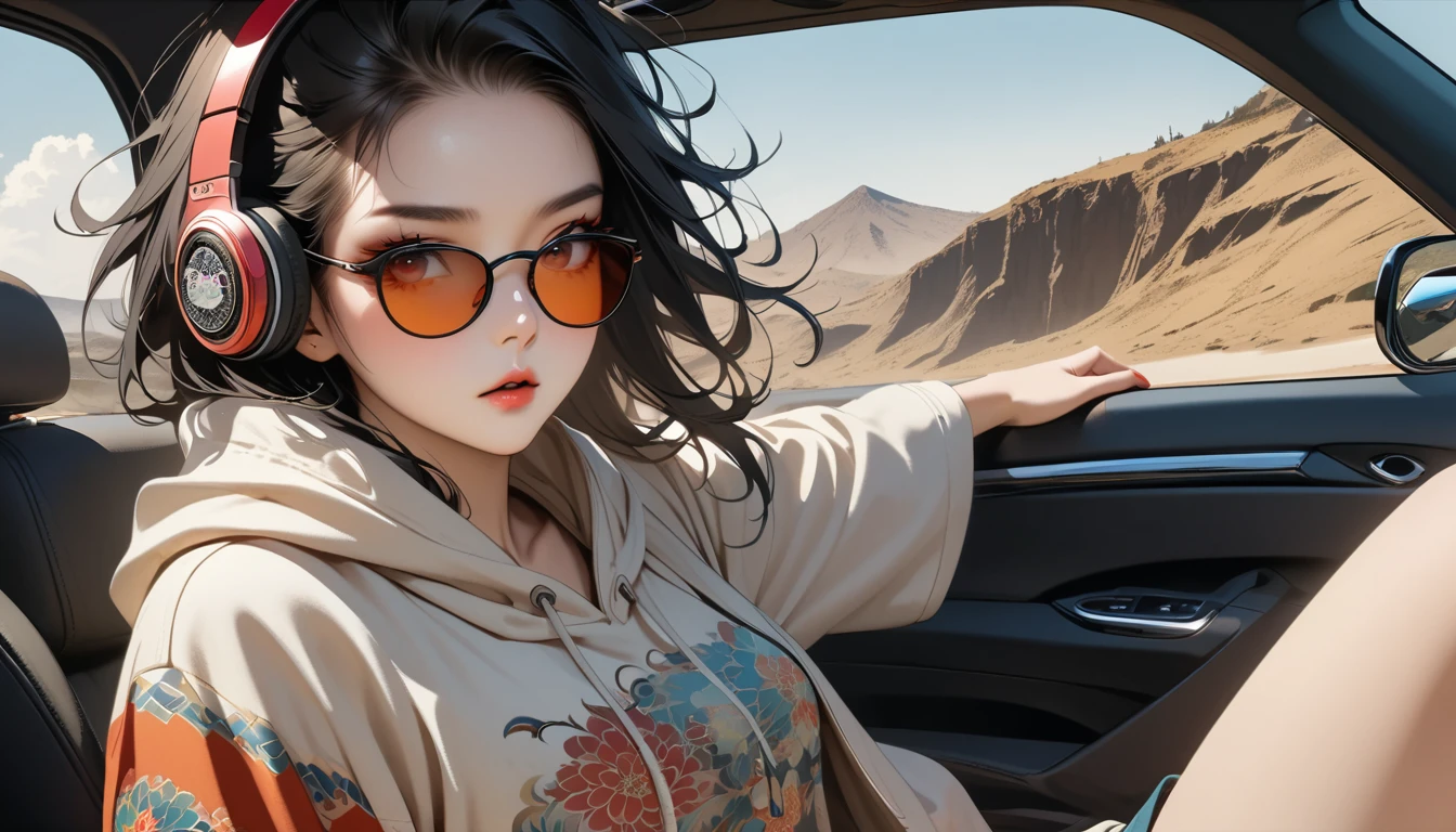 ((8k of extremely detailed CG unit, Masterpiece, high resolution, highest quality, highest quality real texture skin)), (wearing Japanese pattern headphones), ((1 girl)), (((Driving a Mini Cooper))), (((sunglasses))), (Japanese pattern hoodie, Japanese-style shorts), (Black hair, messy hair, beige skin), (surreal, digital painting)