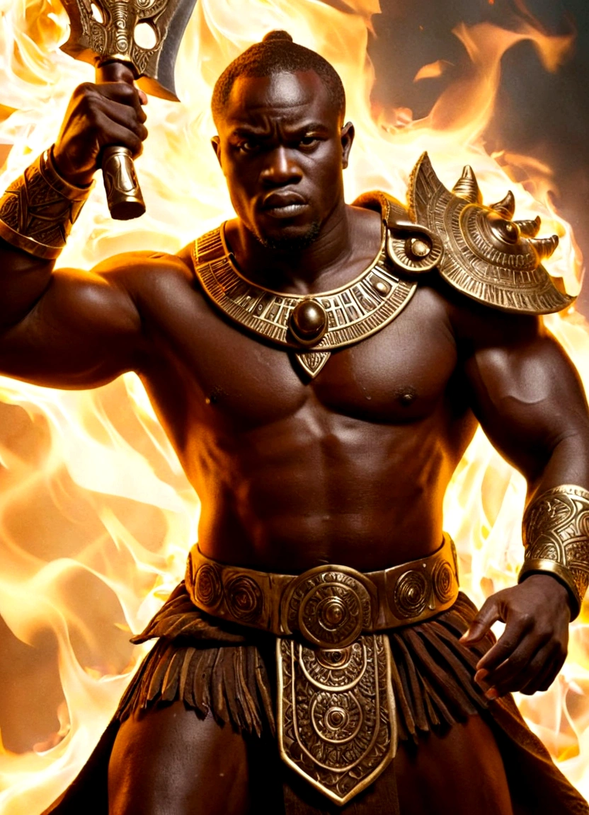 ((Intricate details))), (((highest quality))), (((extreme attention to detail))), (((complex composition))). African god, king of fire warriors, holds a double-bladed ax in his hands. Flames around his body emulate the mysterious atmosphere of cinematic light.