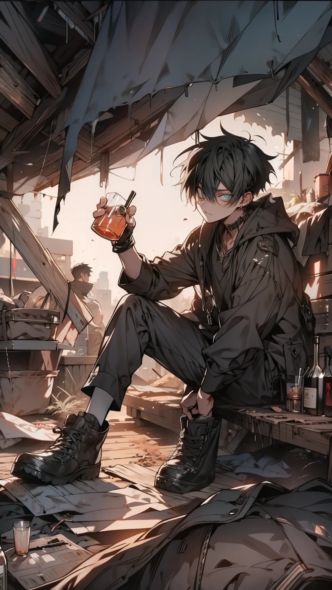 Boy, A brooding figure lounging in an urban hideaway made of tattered tarps, sipping on aged whiskey, surrounded by the soft glow of twilight seeping through the fabric. Muted colors, introspective mood, casual pose, abasterpiece)), ((best quality)), ultra detailed,((illustration)), dynamic angle, detailed light, (delicate eyes), (ahoge:0.8),apathy, ray,frontage,style of anime4 k, 4k anime wallpaper, badass anime 8 k, 4 k comic wallpaper