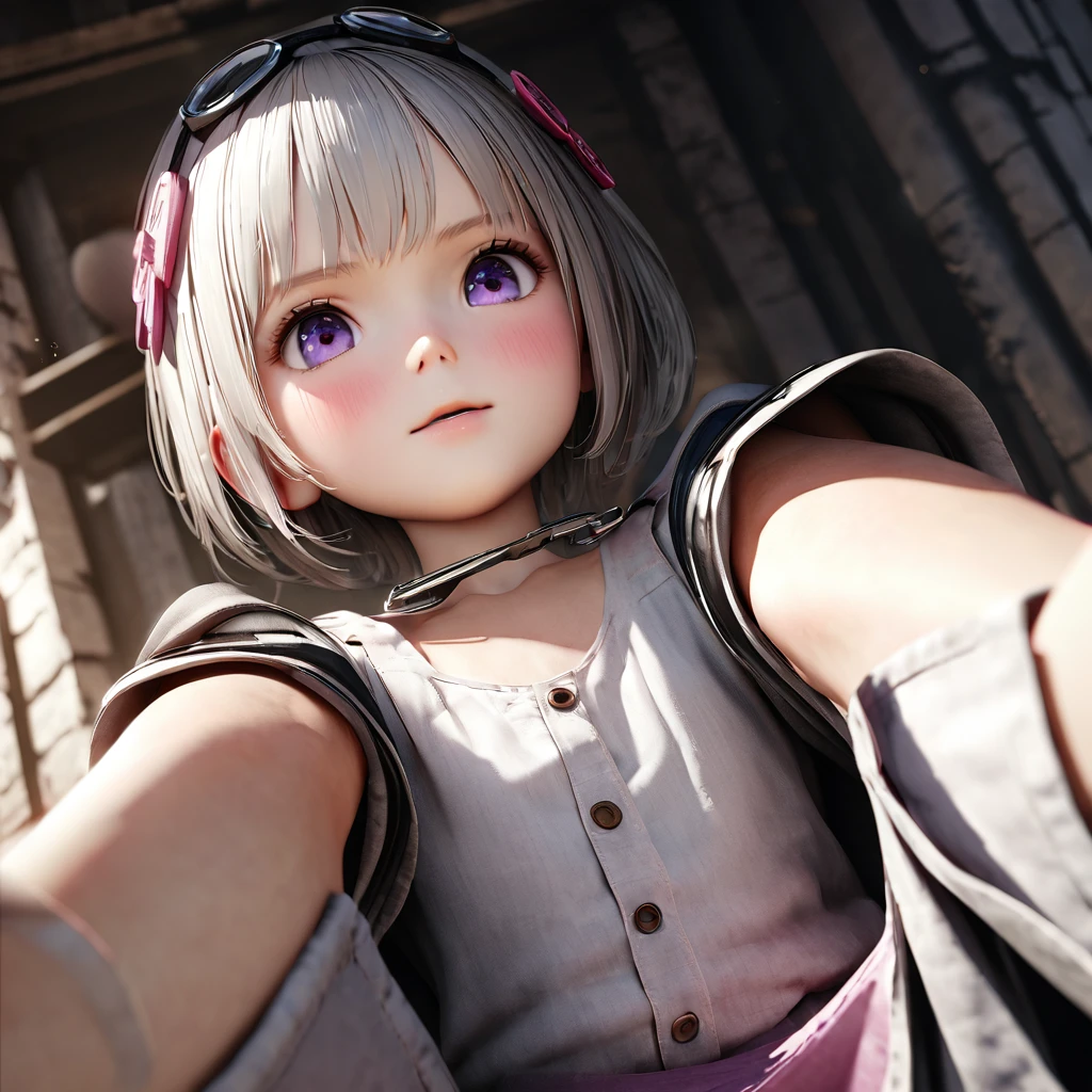 masterpiece, Highest quality, Very detailed, High resolution, An expensive solution, High resolution, 4K, 8K, ユニティ 8K 壁紙, Very detailed CG, masterpiece, Realistic, 2D, 3d, Beautiful details, depth, Fine texture, Highest quality: 1.3, Fully focused, Crispy.skin, .he, Very cute anime girl about 3 years old, Expensive silver short hair, girl around 4 years old, alone, one piece, blush, Mole, Release your lips, hair ornaments, heart, Purple eyes、Condom in mouth、A defiant smile、Lifting up my skirt in the dark ruins、クーラーの室外機の上にsit、Crotch close-up、Angle from below、I can see your underwear、Translucent slip、Spread your legs、Looking down from above、front、sit、Cotton panties