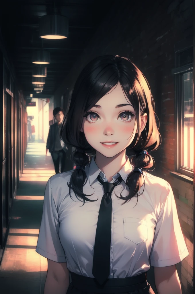 (Smoother lighting:1.05), (Improving the lighting quality of movies:0.9), One girl, Realistic lighting, Backlight, Light on the face, Ray-tracing, (Bright light:1.2), (Highest quality, masterpiece), 16 year old female, smile, Laughter, , White shirt, tie, Pigtails, Long Hair, Redhead, blush, View Viewer, cute, Captivating eyes, (Brown eyes), slouch, School corridor