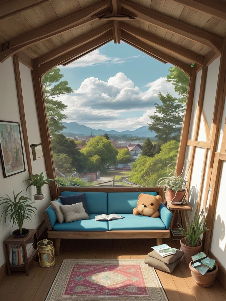 Draw an anime lofi scene of mountin facing green wooden bedroom, lot of plants, books, sofa, open roof, blue sky, beautiful sunny day, big teddy bear in the corner, aesthetically beautiful, rugsack, earthy colors, cozy space, carpet, hippy vibes, vibrant saturated colors, beautiful color palette, masterpiece, calm, peaceful, no human, cloudy sky, lofty view
