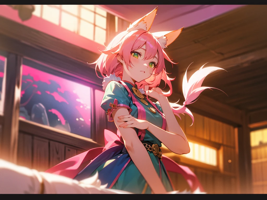 kitsune idol in a tavern, foxgirl, pink fox ears, pink fox tails, pink hair, green eyes, light blue idol dress, tavern background, high quality, masterpiece