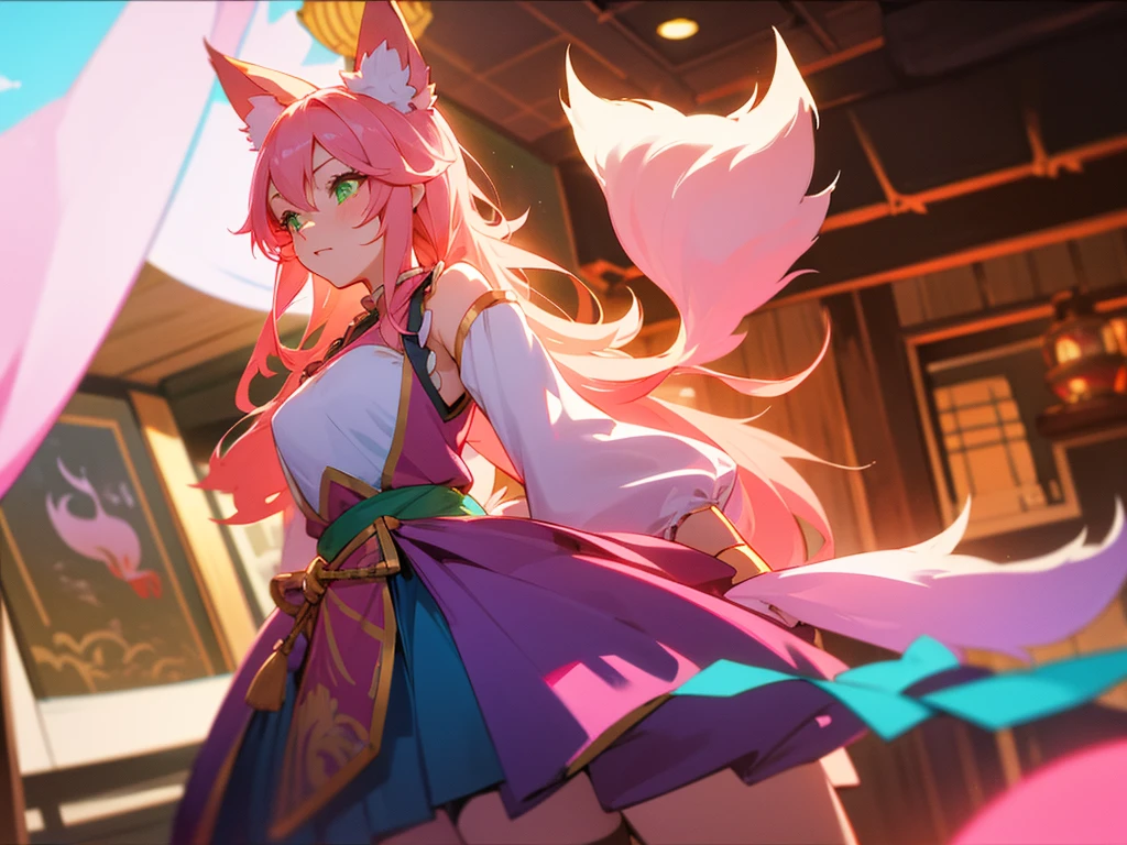 kitsune idol in a tavern, foxgirl, pink fox ears, pink fox tails, pink hair, green eyes, light blue idol dress, tavern background, high quality, masterpiece