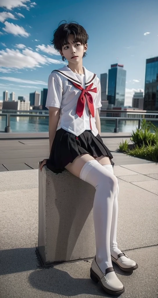 1 little boy，Shota，No makeup，short hair，Cover your skirt with your hands，Male characteristics，Unique的，face to face audience，full-body shot，Red JK，miniskirt，White pantyhose，Sailor Suit，Unique ，roof，City background，Rooftop，8K，Princess shoes，Male physiognomy，Sitting