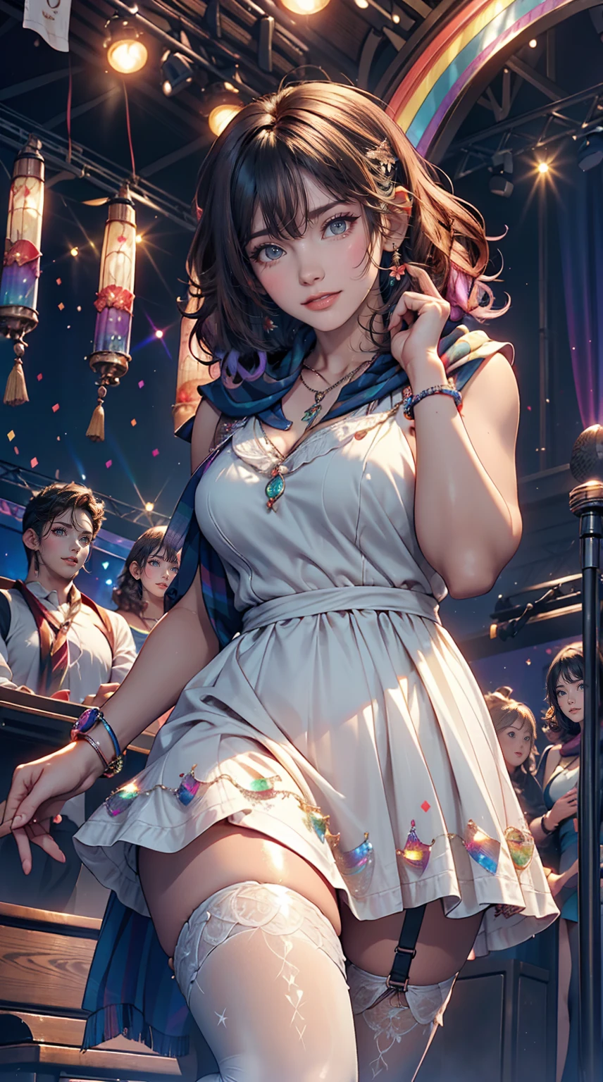 24-year-old woman、Sexy proportions、Sexy、Narrow waist、Attach a necklace、Wear accessories on your wrist、Natural curls((wavy hair))、Shortcuts((short hair))、hair scarf((hair scarf))、Rainbow Hair((rainbow hair))、Mini Charleston Dress((Charleston dress))wear、Wearing stockings、Wear stiletto heels、Concert Stage、In the spotlight、smile