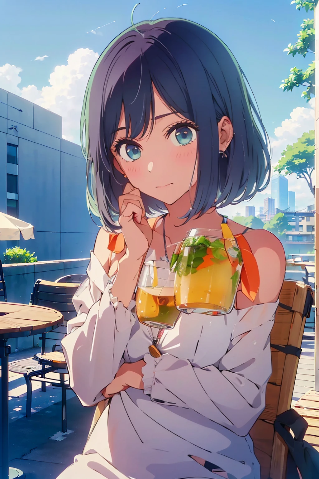 (Highest quality:1.4、8K:1.4、detailed)、F cup bust、Big Breasts、Slim body、Very white beautiful skin、((((1 person、Surprised expression、sit、Chair、In the background are the urban buildings of Tokyo、looking at the camera、Outdoor café terrace、Navy hair color、juice、table、Very cute face))))、((((nude、Areola))))、(Pose with hair tucked behind ears with both hands:1.4、Cheek resting on hand:1.4)、(Off-the-shoulder black blouson with zipper)、Nipples、Very blue sky、A completely cloudless sky