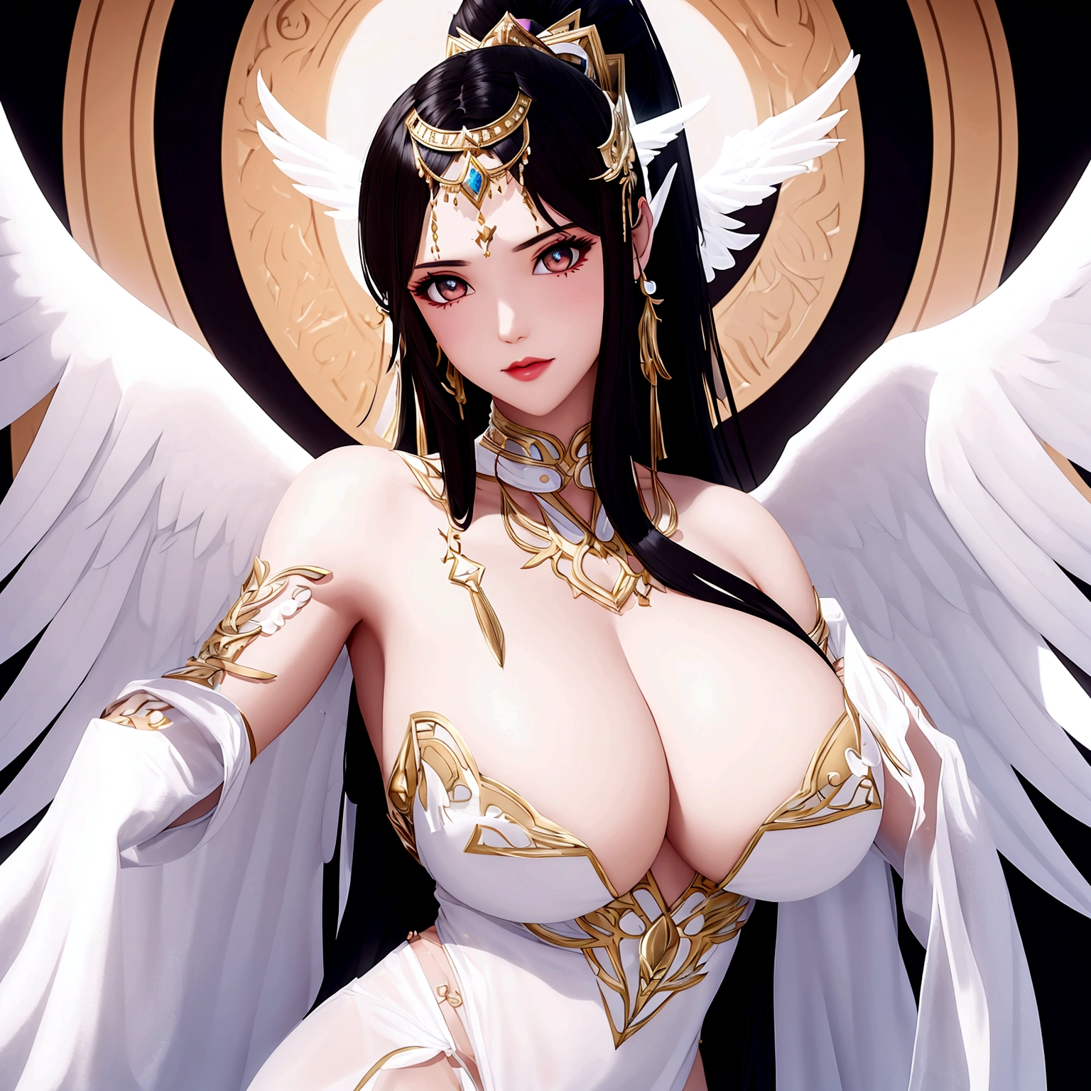 Angel girl with extreme muscular body, white cleopatra outfit, fair skin, halo, 6 angel wings, black hair with ponytail and gigantic breasts.