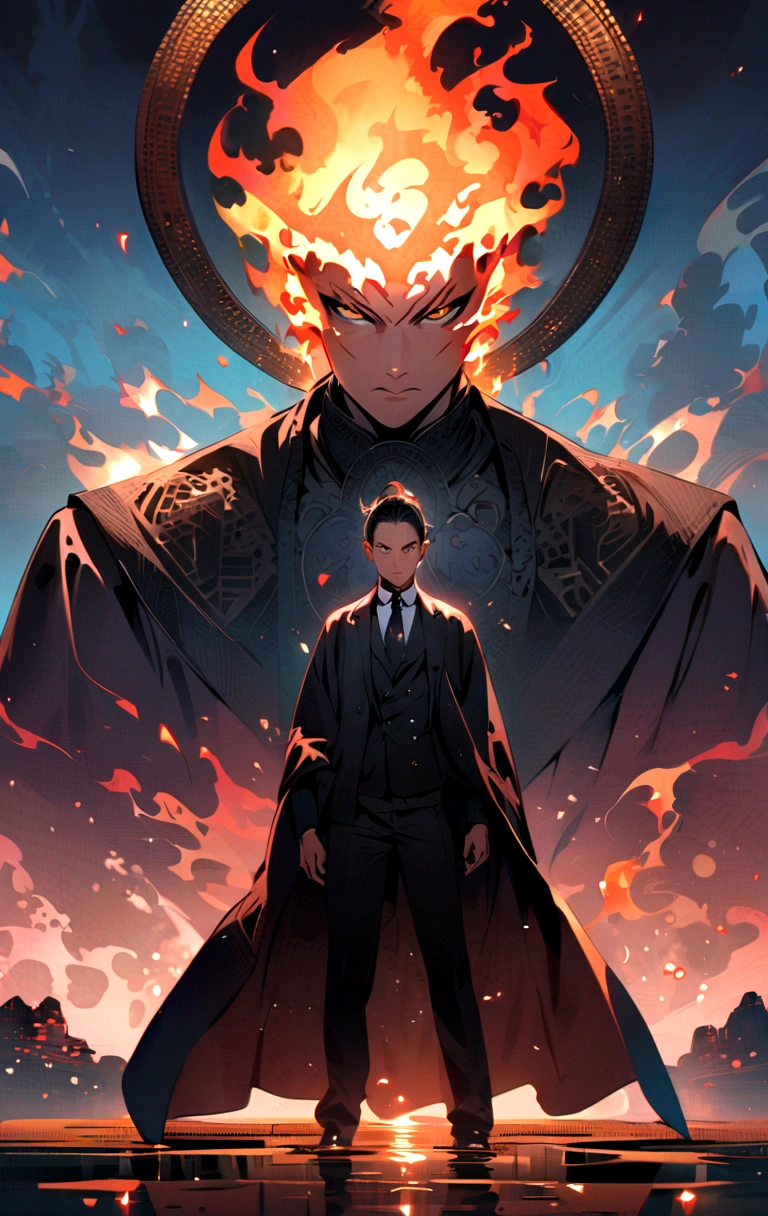 (best quality), oriental detailed background, one man wearing a black suit has flame power