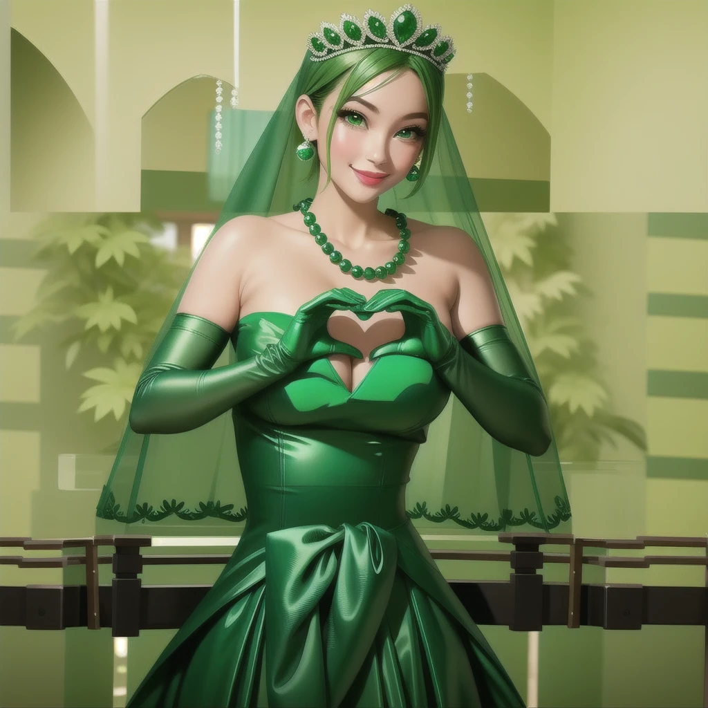 Emerald tiara, Green Pearl Necklace, ボーイッシュな非常に短いGreen Hair, Green Lips, Smiling Japanese woman, Very short hair, Busty beautiful lady, Green Eyes, Green satin long gloves, Green Eyes, Emerald Earrings, Green veil, Heart with both hands, Green Hair, Beautiful Japanese Woman, Heart shaped hands:1.3, green lip gloss