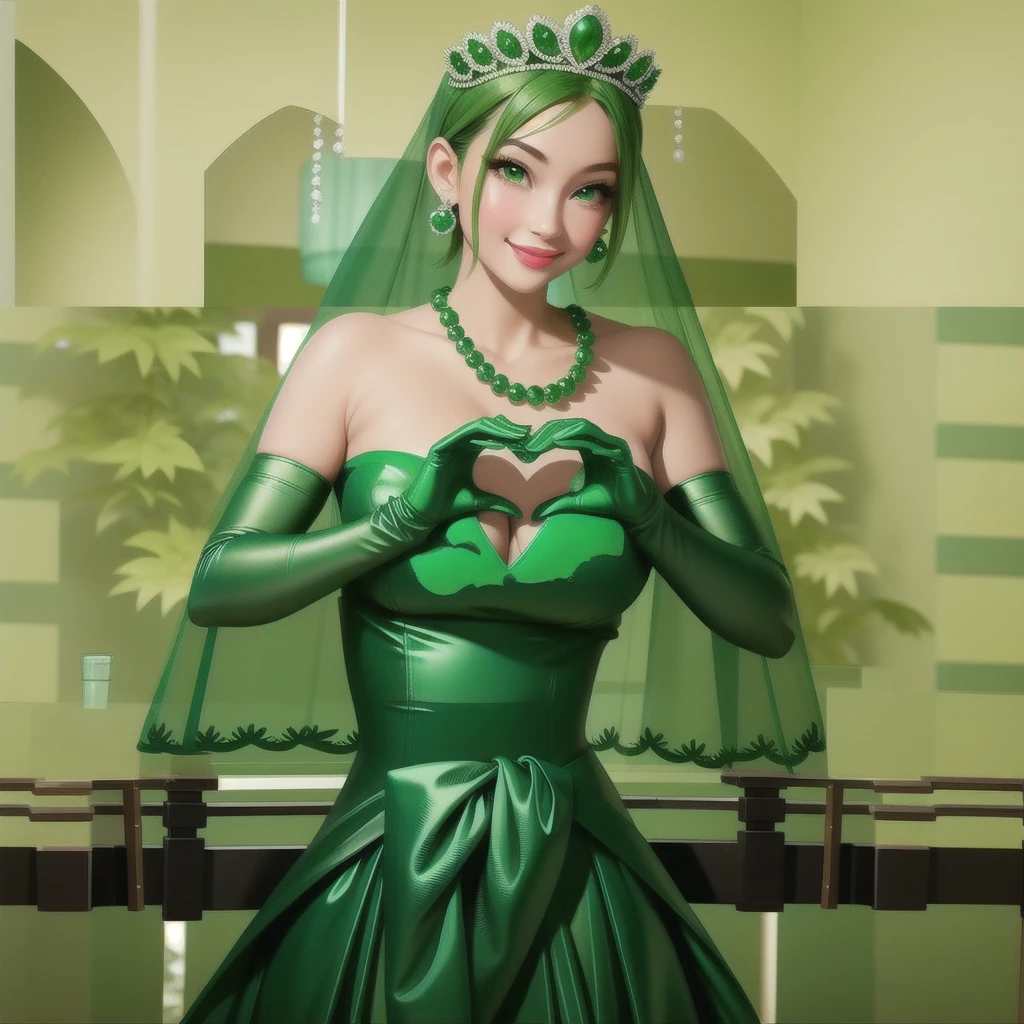 Emerald tiara, Green Pearl Necklace, ボーイッシュな非常に短いGreen Hair, Green Lips, Smiling Japanese woman, Very short hair, Busty beautiful lady, Green Eyes, Green satin long gloves, Green Eyes, Emerald Earrings, Green veil, Heart with both hands, Green Hair, Beautiful Japanese Woman, Heart shaped hands:1.3, green lip gloss