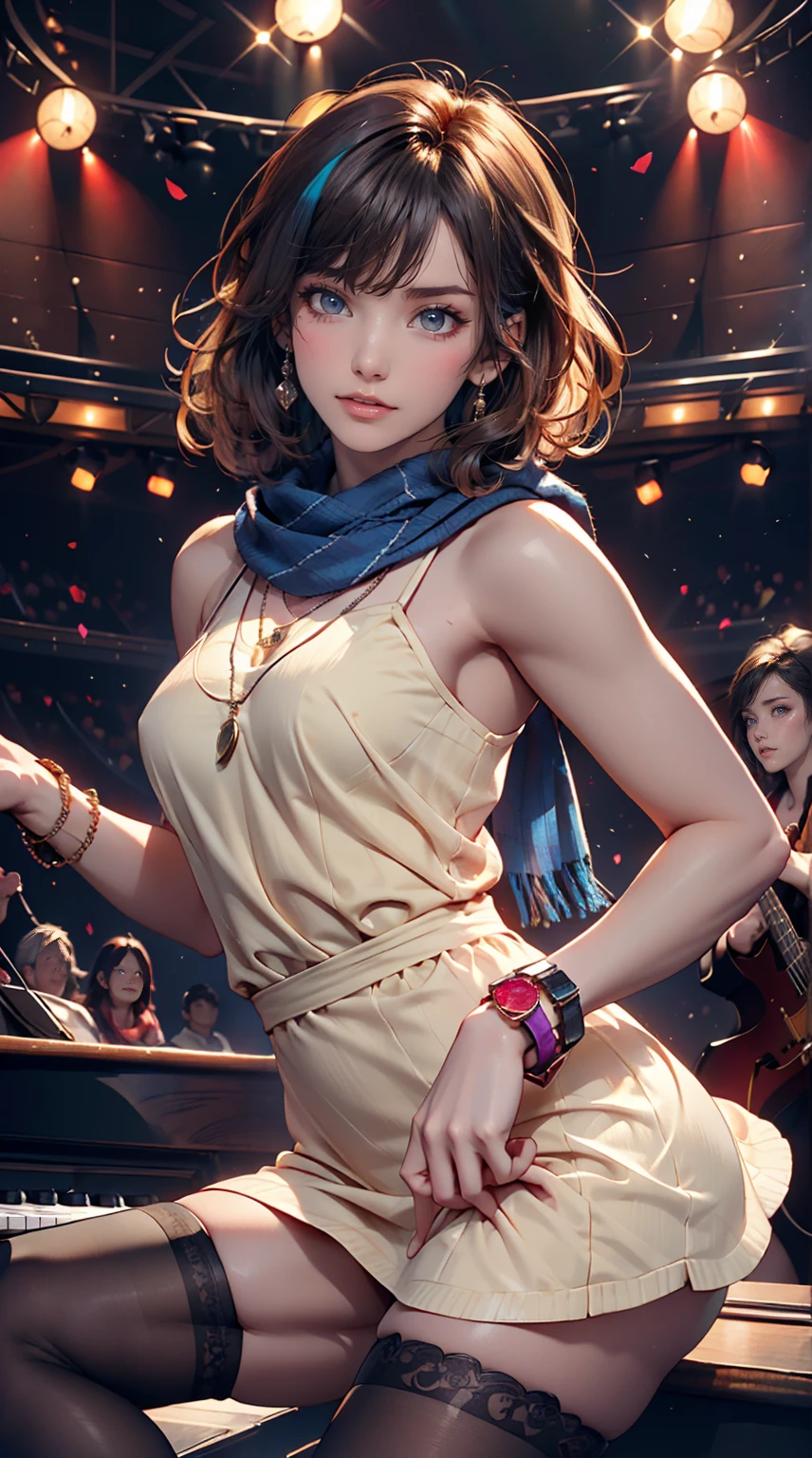 24-year-old woman、Sexy proportions、Sexy、Narrow waist、Attach a necklace、Wear accessories on your wrist、Natural curls((wavy hair))、Shortcuts((short hair))、hair scarf((hair scarf))、Rainbow Hair((rainbow hair))、Mini Charleston Dress((Charleston dress))wear、Wearing stockings、Wear stiletto heels、Concert Stage、In the spotlight