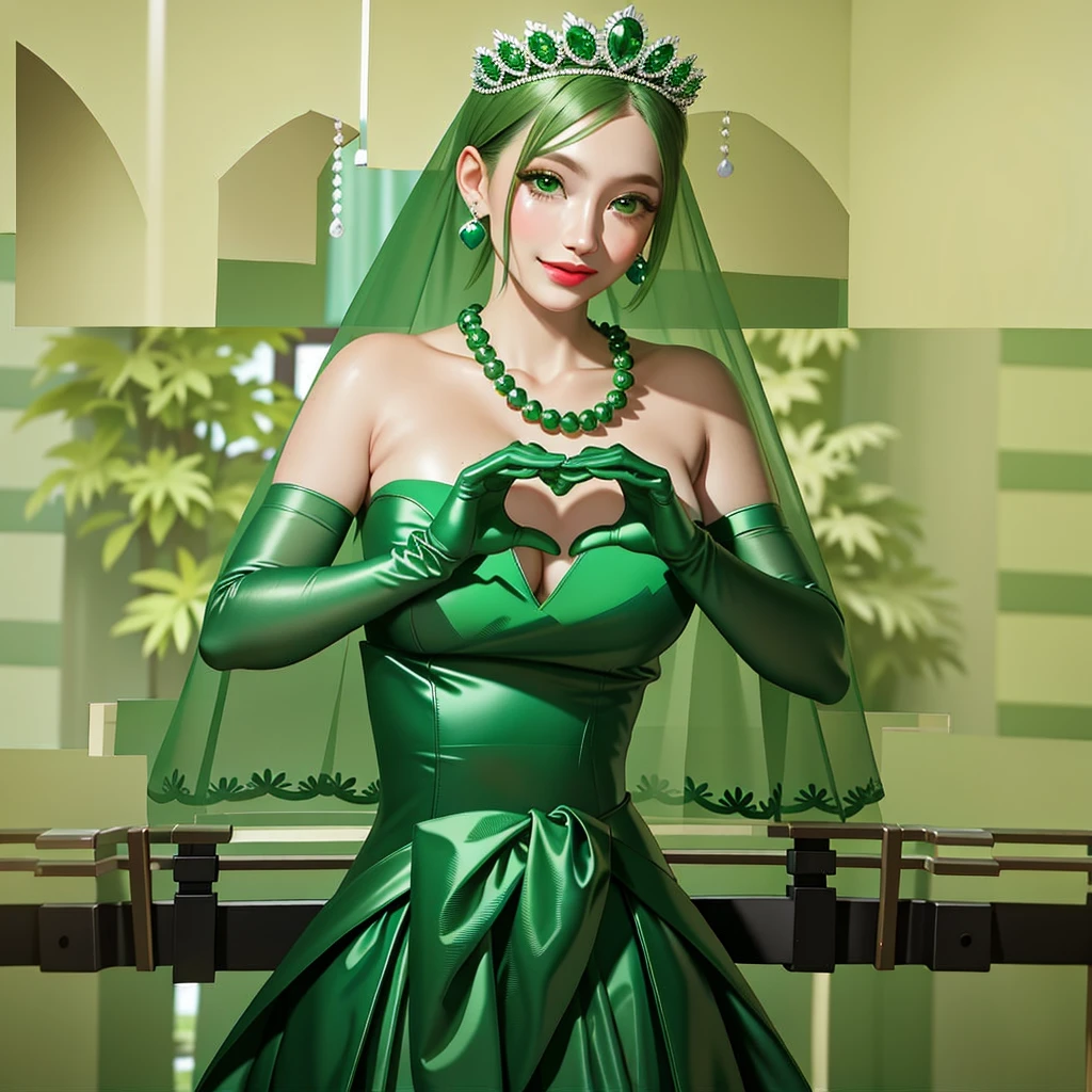 Emerald tiara, Green Pearl Necklace, ボーイッシュな非常に短いGreen Hair, Green Lips, Smiling Japanese woman, Very short hair, Busty beautiful lady, Green Eyes, Green satin long gloves, Green Eyes, Emerald Earrings, Green veil, Heart with both hands, Green Hair, Beautiful Japanese Woman, Heart shaped hands:1.3, green lip gloss