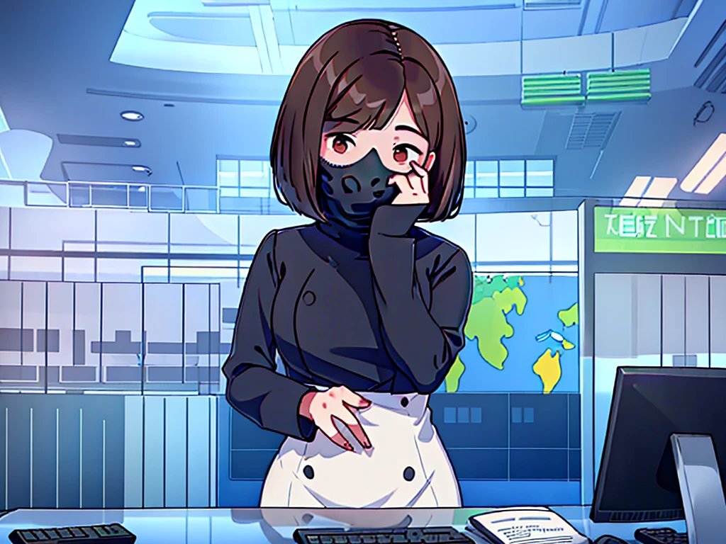 news studio, (((no face office lady))), brown hair, bob cut, upper body, leading news, small wipe of park, detailed news program, ((from front)), [pixel art]