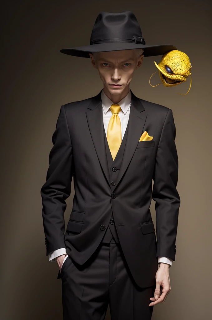 1 old skinny humanoid, pale skin with wrinkled face, blooming yellow reptile eyes, black suit hat and tie.