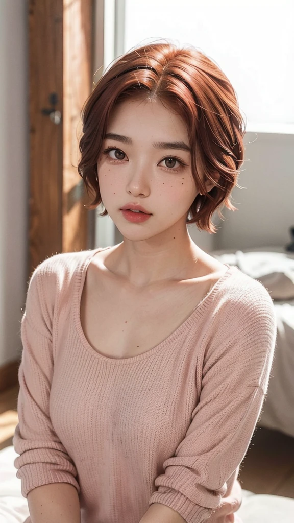girl, short red hair, thick eyebrows, Brown eyes, nose a little wide, White skin, a mole near the nose, wide and pink lips