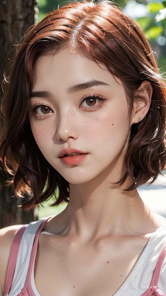 girl, short red hair, thick eyebrows, Brown eyes, nose a little wide, White skin, a mole near the nose, wide and pink lips