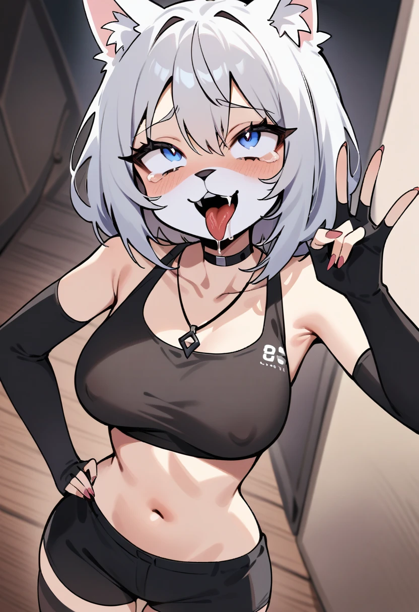 score_9, score_8_up, BREAK, masterpiece, best quality, very aesthetic, absurdres, newest,1girl,(close-up of face:1.2), (covered_nipples), ahegao, tongue_out, rolling_eyes, saliva,one hand V gesture,tears in eyes, (1girl, solo), uncensored, perfect body, slim, thigh highs, fingerless gloves, anthro, furry, (bored, crop top, shorts), Loona \(Helluva Boss\),