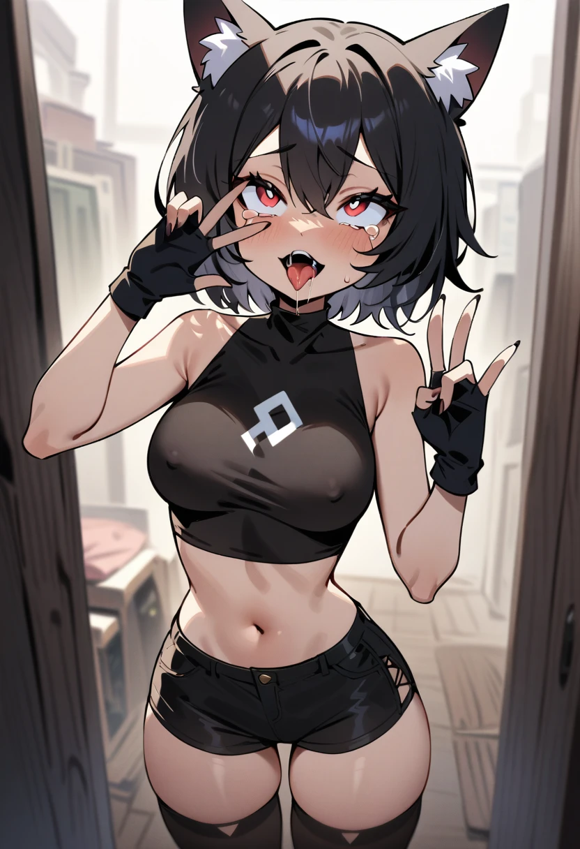 score_9, score_8_up, BREAK,  masterpiece, best quality, very aesthetic, absurdres, newest,1girl,(close-up of face:1.2), (covered_nipples), ahegao, tongue_out, rolling_eyes, saliva,one hand V gesture,tears in eyes, (1girl, solo), uncensored, perfect body, slim, thigh highs, fingerless gloves, anthro, furry, (bored, crop top, shorts), Loona \(Helluva Boss\), 