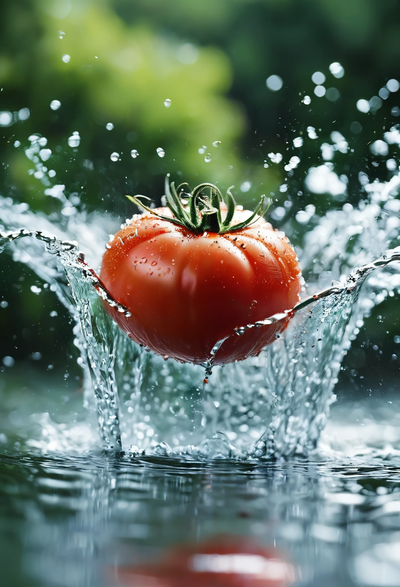 salat with tomatoes, splash water, flashing particles , depth of field, clean background, made of ral-vlntxplzn 