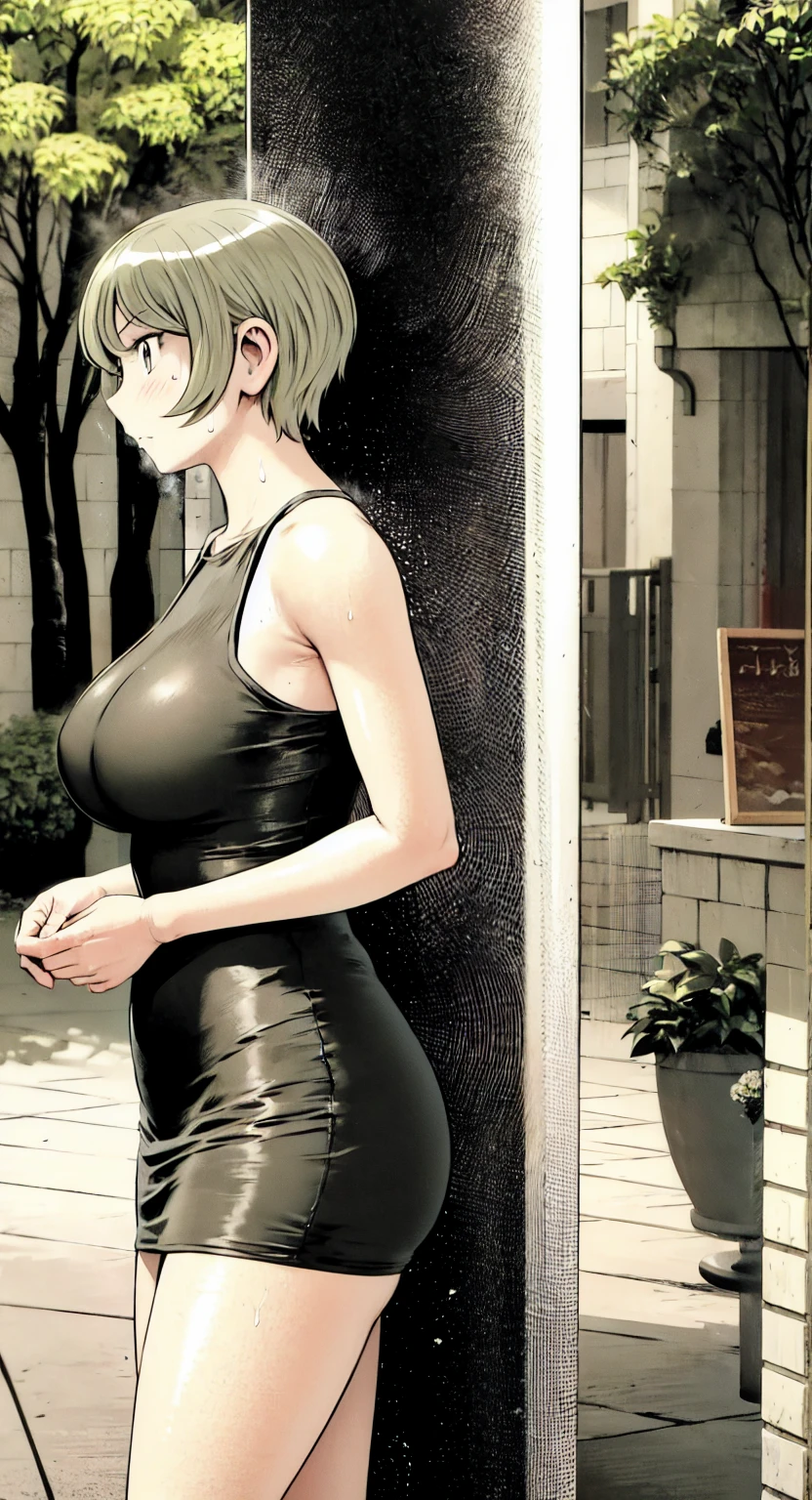 、(masterpiece、Highest quality)、Highest quality, Ultra-high resolution, (((masterpiece))), alone, Sweat、Big eyes, Please show me your armpits, No sleeve、Outdoor、Floral dress、Composition from the front、(Cut the back hair short、short hair、blonde、woman)、Shortcuts、Embarrassed face、Cut your hair short、可愛いwomanの子、
