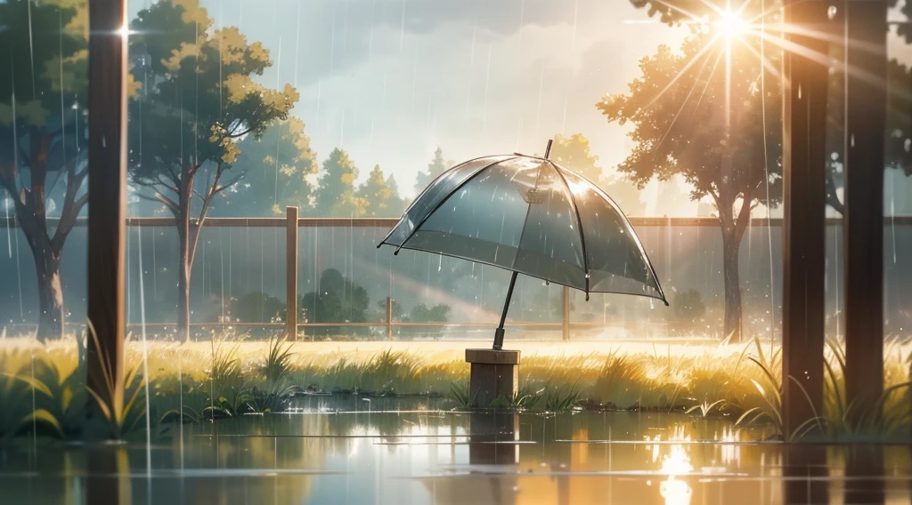 Ultra realistic, masterpiece quality, rain shower in open field ,(( sunlight reflecting through rain drops)), Cinematic, rain drops passing sunlight