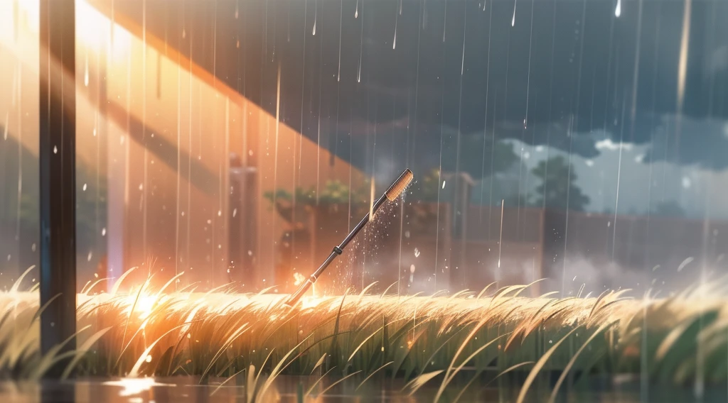 Ultra realistic, masterpiece quality, rain shower in open field ,(( sunlight reflecting through rain drops)), Cinematic, rain drops passing sunlight