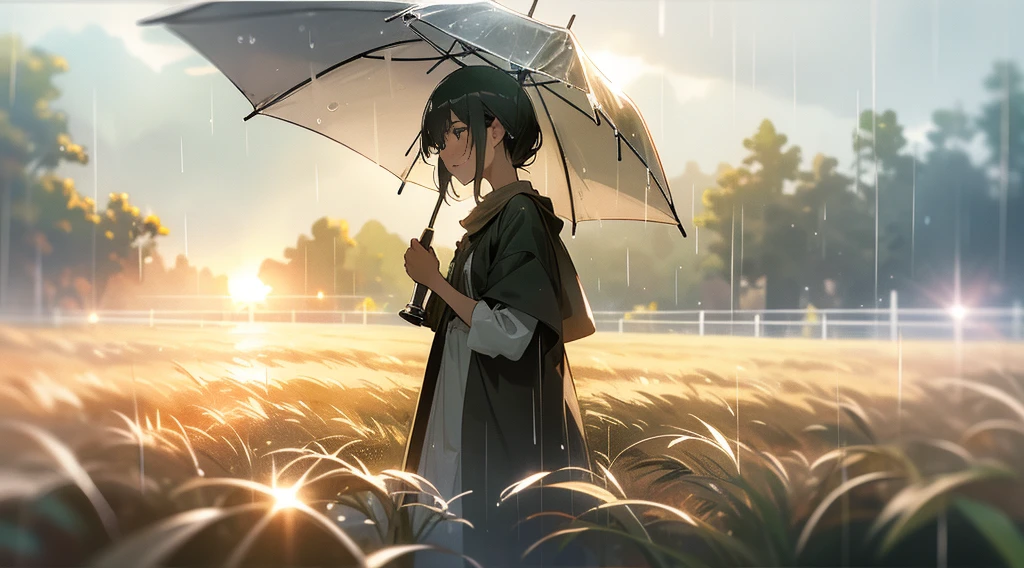 Ultra realistic, masterpiece quality, rain shower in open field ,(( sunlight reflecting through rain drops)), Cinematic, rain drops passing sunlight