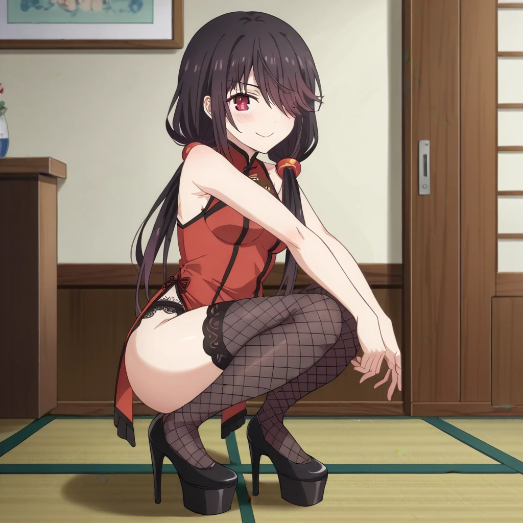 score_9, score_8_up, score_7_up, source_anime, 
kurumitokisaki, kurumi tokisaki, long hair, black hair, red eyes, hair over one eye, smile,
chinese cheongsam, red chi-pao, lift chi-pao, long black fishnet stockings, High heels,black Lace underwear, twintails, low twintails,
indoors, platform, blush, circusee
looking at viewer, squat