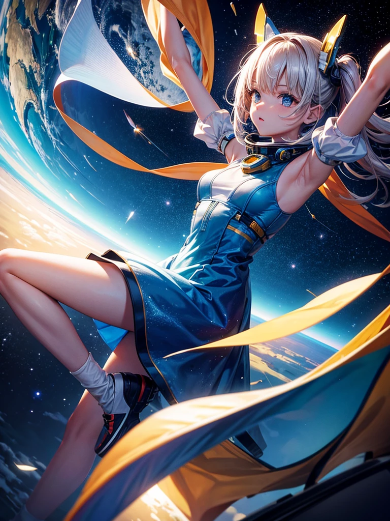 Highest quality,Highest Resolution,A beautiful android girl flying in space,Earth in the background,Equipped with cutting-edge technology,