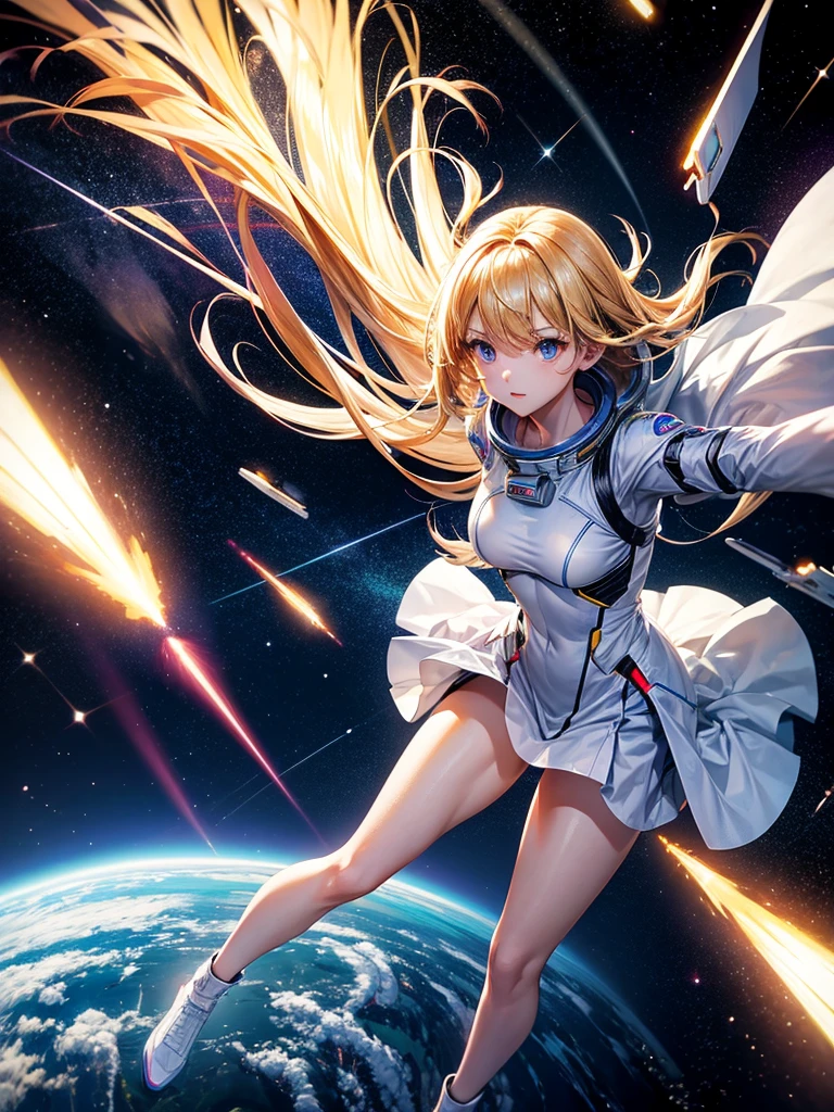 Highest quality,Highest Resolution,A beautiful android girl flying in space,Earth in the background,Equipped with cutting-edge technology,