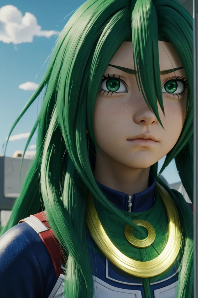 Screenshot of my hero academia.
Girl with long green hair, height 1.60 meters, with a cold and calculating look, his gift is to control the plants