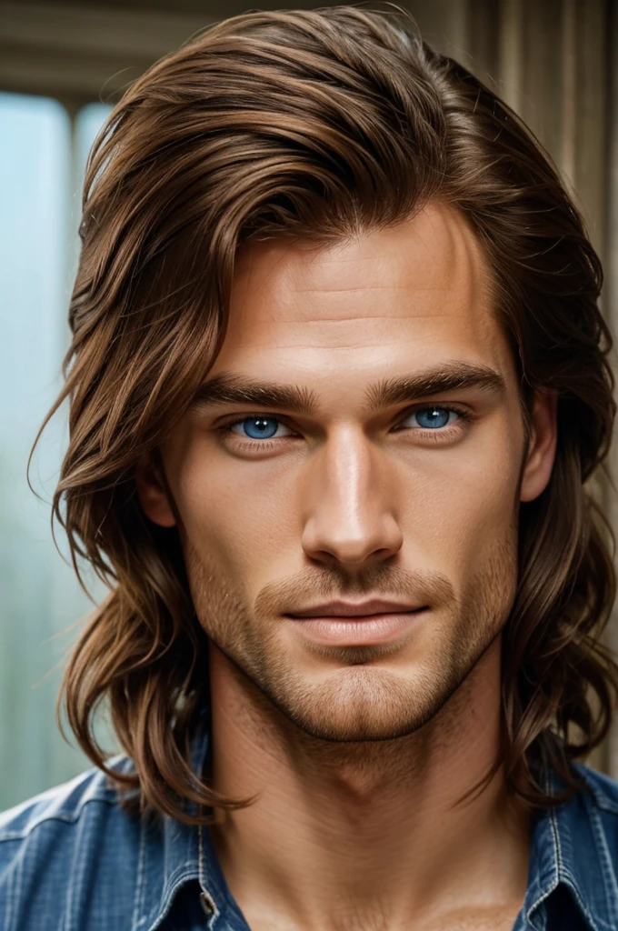 He was a very handsome man. He wore his thick, reddish-brown hair in a fashionable and somewhat tangled cut.. He had perfectly correct features that seemed carved with those high cheekbones and straight nose of a Greek god.. Not to mention the auburn eyebrows above the intense light blue eyes and the wide mouth that offered a crooked smile.