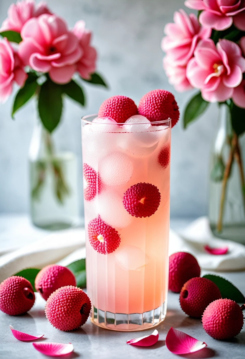 RAW photo, lychee rose cooler, hot summer day, food photo, DSLR, fresh lychee and rose petals garnish, soft lighting, high quality, film grain, Fujifilm XT